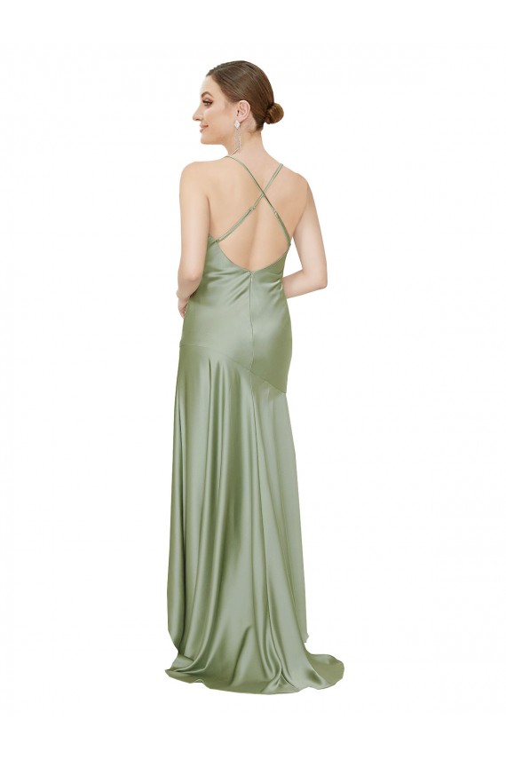 Wholesale Open Back Smoke Green A-Line Cowl Neck Long High Low Prom Dress Canada