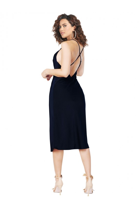 Wholesale Open Back Dark Navy A-Line Cowl Neck Midi Length Prom Dress Canada