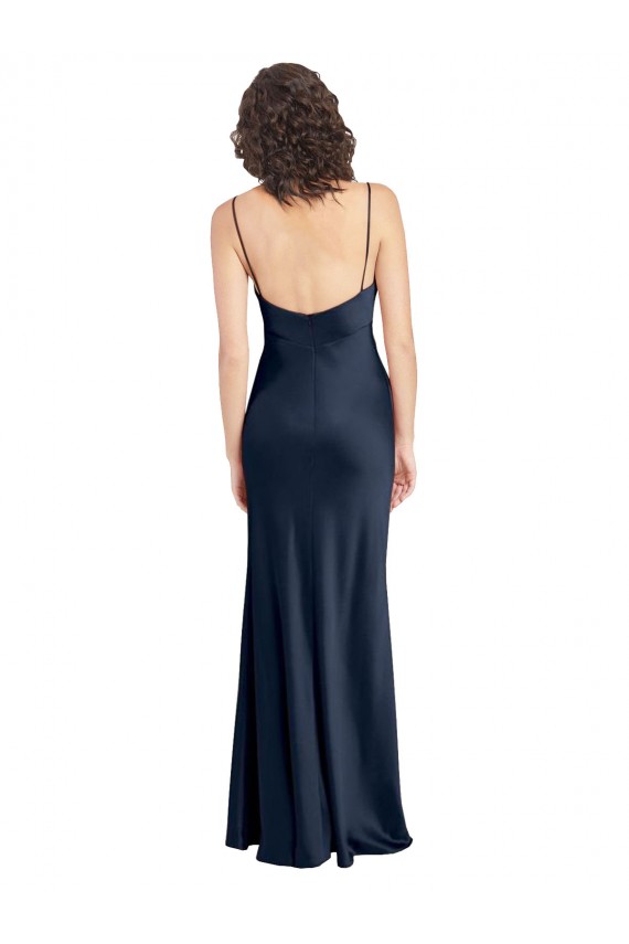 Wholesale Open Back Dark Navy A-Line Cowl Neck Long Black Tie Prom Dress Canada
