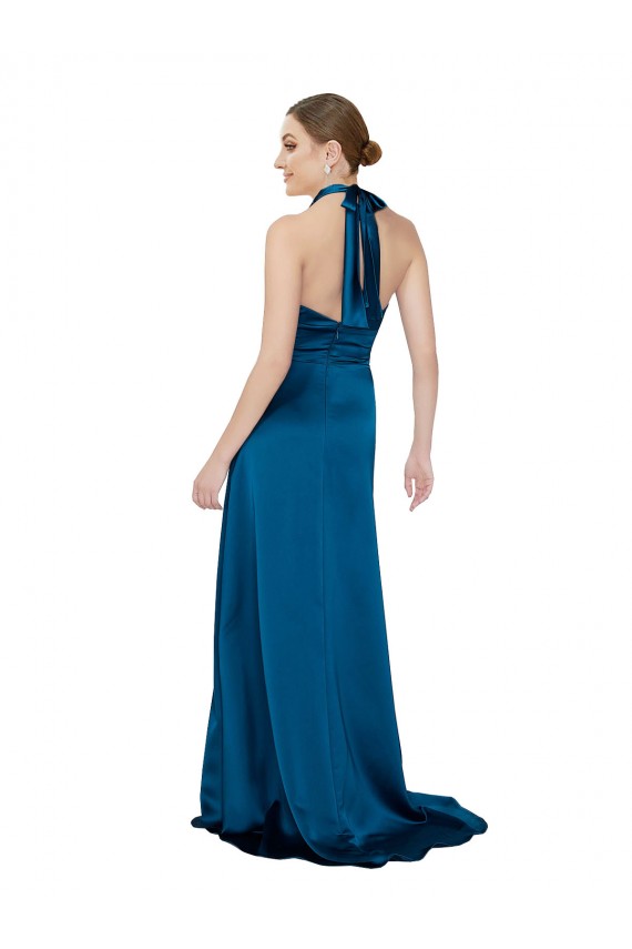 Wholesale Open Back Peacock Blue A-Line Halter Neck Long Prom Dress Canada
