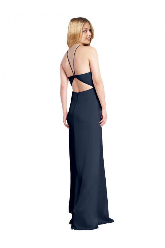 Wholesale Open Back Dark Navy A-Line Halter Neck Long Prom Dress Canada