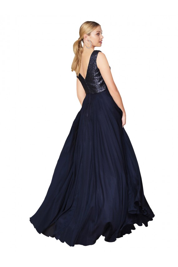 Wholesale Dark Navy A-Line V-Neck Long Soft Chiffon & Sequin Prom Dress Canada