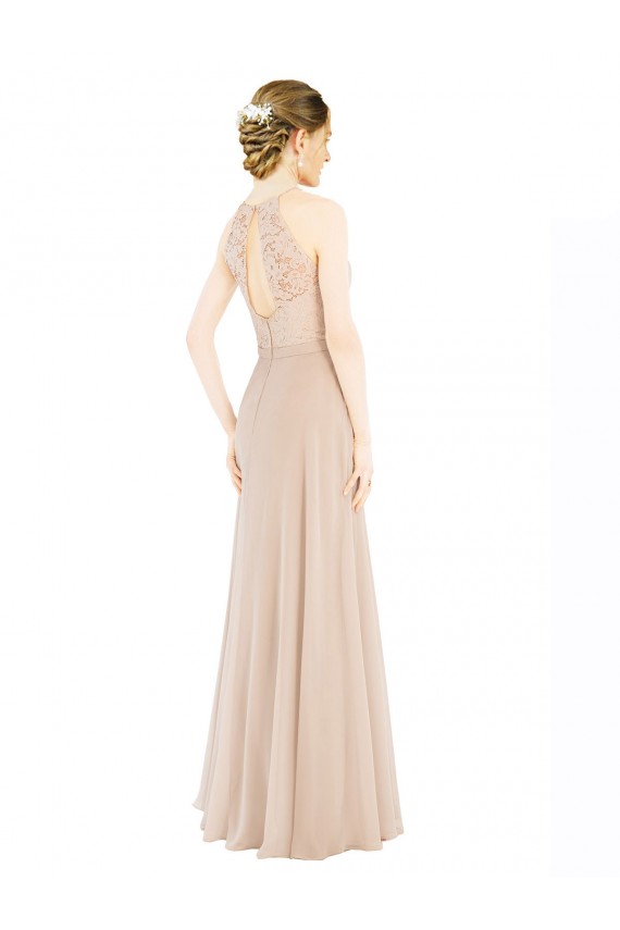 Wholesale Keyhole Back Champagne A-Line High Neck Long Prom Dress Canada