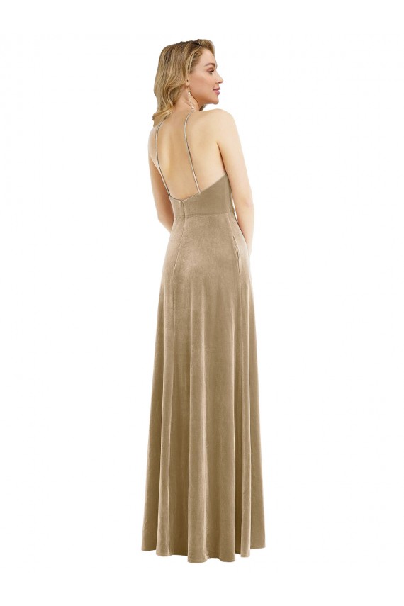 Wholesale Open Back Champagne A-Line High Neck Long Prom Dress Canada