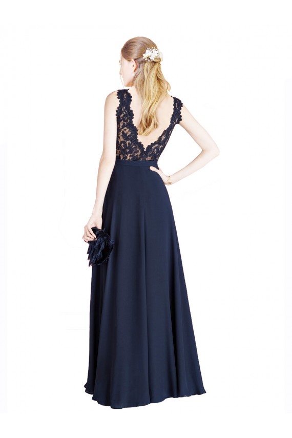 Wholesale V-Back Dark Navy A-Line Illusion Neck Long Prom Dress Canada