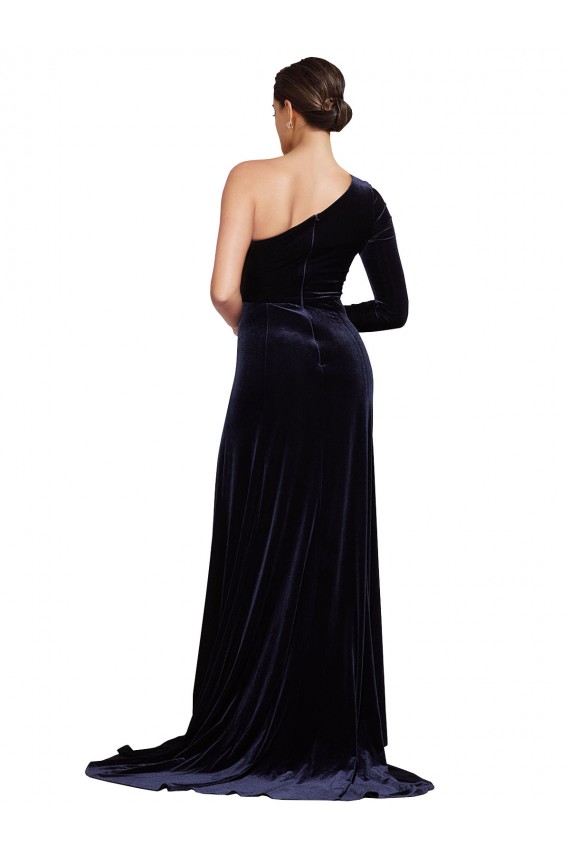 Wholesale Dark Navy A-Line One Shoulder Sweep Train Prom Dress Canada