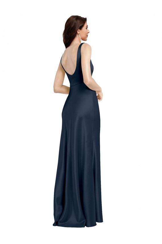Wholesale Low Back Dark Navy A-Line Square Neck Long Prom Dress Canada