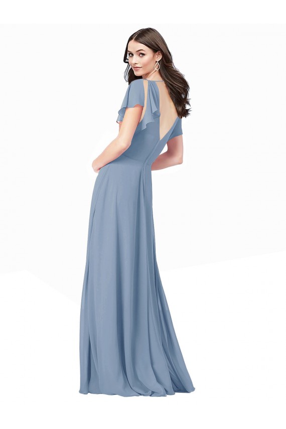 Wholesale Dusty Blue A-Line V-Neck Long Black Tie Prom Dress Canada