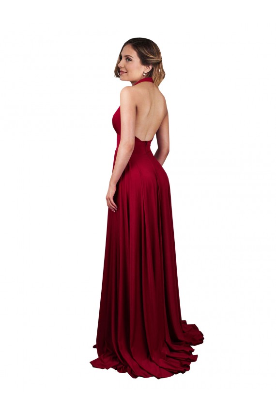 Wholesale Open Back Burgundy A-Line V-Neck Long Black Tie Prom Dress Canada