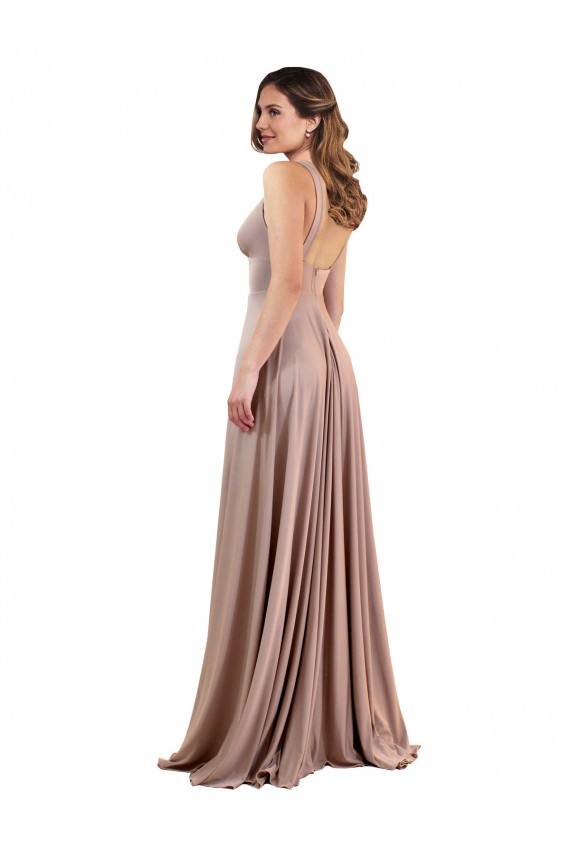 Wholesale Low Back Dusty Pink A-Line V-Neck Long Black Tie Prom Dress Canada