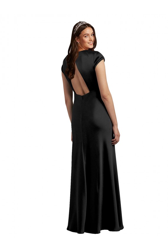 Wholesale Black A-Line V-Neck Long Stretch Satin Prom Dress Canada