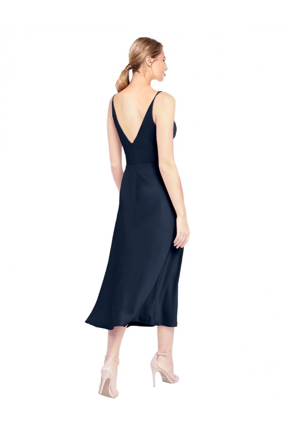Wholesale V-Back Dark Navy A-Line V-Neck Sleeveless Midi Length Prom Dress Canada