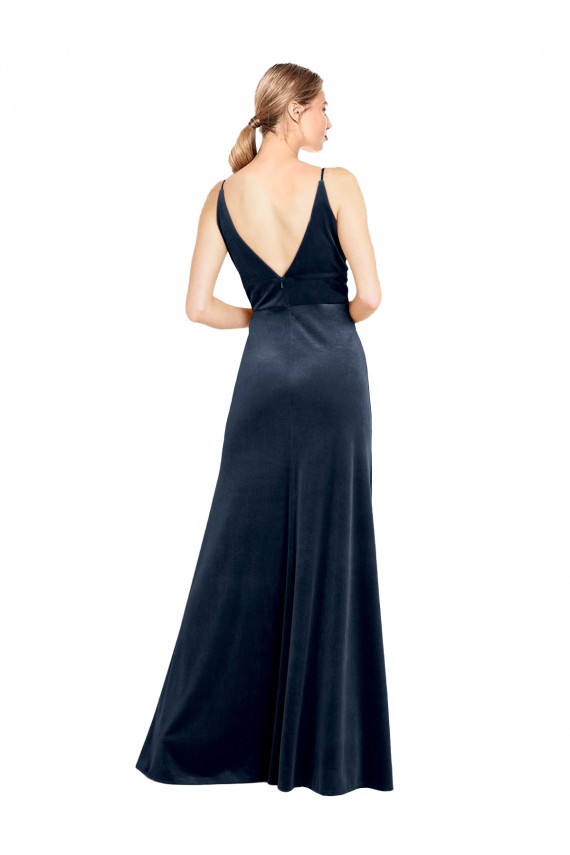 Wholesale V-Back Dark Navy A-Line V-Neck Long Prom Dress Canada