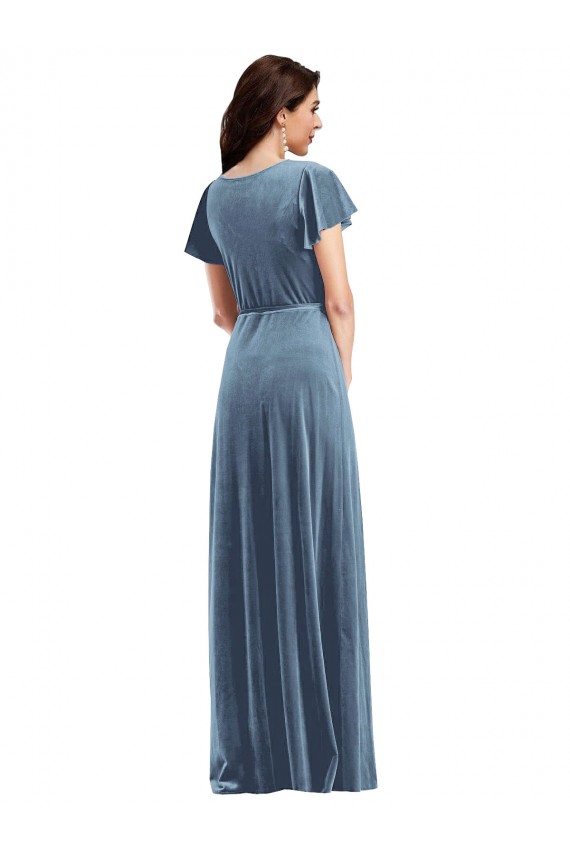 Wholesale Dusty Blue A-Line V-Neck Long Stretch Velvet Prom Dress Canada