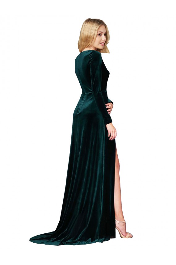 Wholesale Dark Green A-Line V-Neck Sweep Train Black Tie Prom Dress Canada