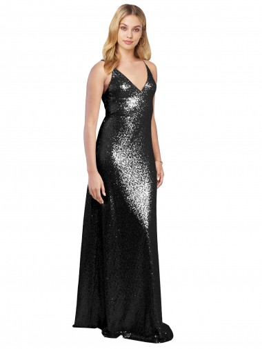 Wholesale Black A-Line Spaghetti Straps Long Sequin Prom Dress Canada