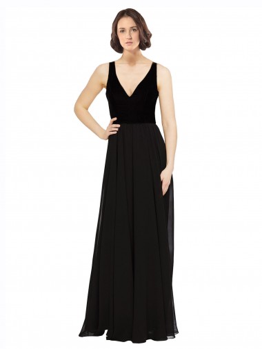 Wholesale Black A-Line V-Neck Long Soft Chiffon & Velvet Prom Dress Canada