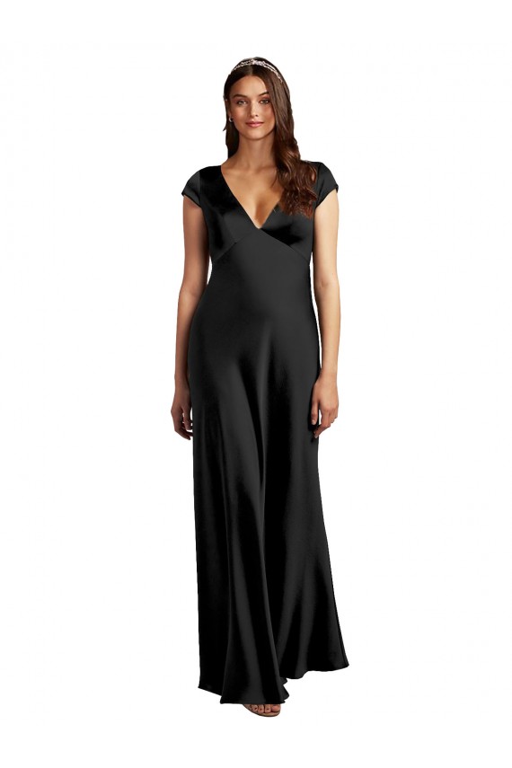 Wholesale Black A-Line V-Neck Long Stretch Satin Prom Dress Canada