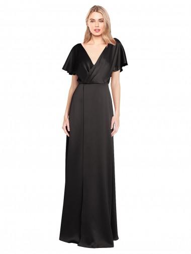 Wholesale Black A-Line V-Neck Long Stretch Satin Evening Prom Dress Canada