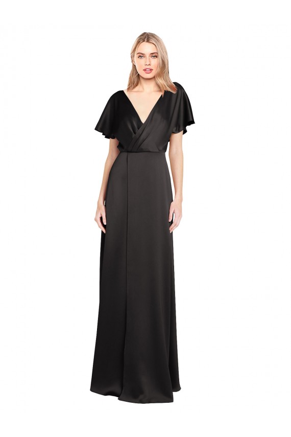 Wholesale Black A-Line V-Neck Long Stretch Satin Evening Prom Dress Canada