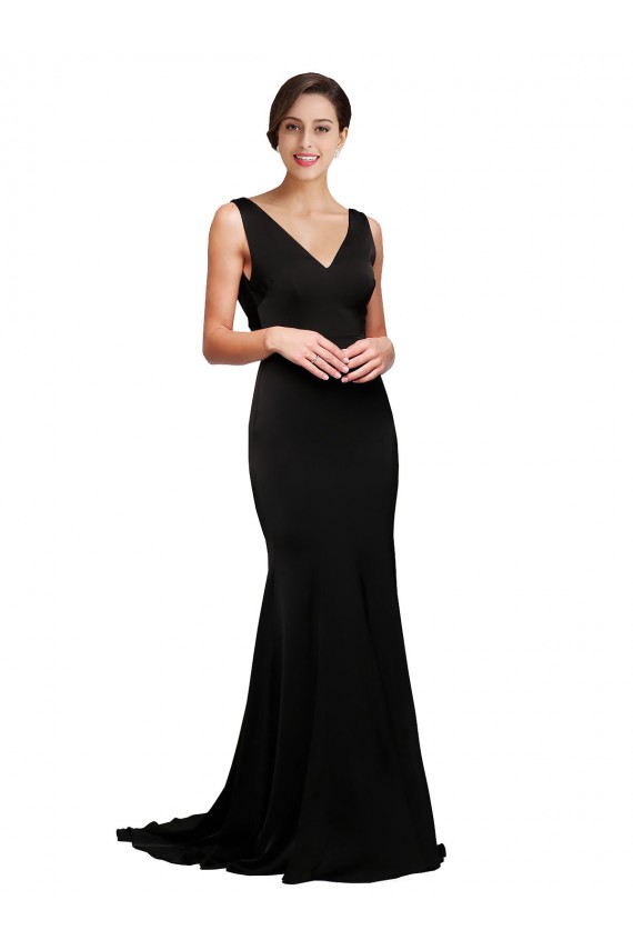 Wholesale Low Back Black A-Line V-Neck Sweep Train Prom Dress Canada