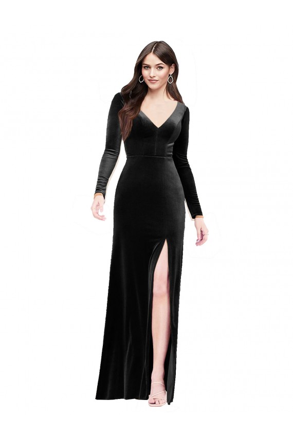Wholesale V-Back Black Column V-Neck Long Prom Dress Canada