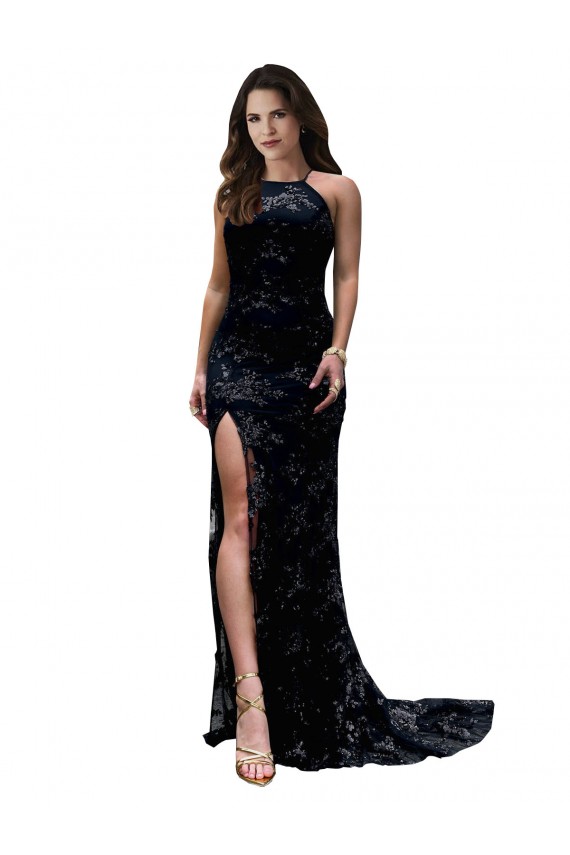 Wholesale Open Back Black Mermaid High Neck Long Black Tie Prom Dress Canada