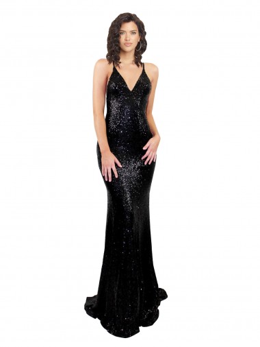 Wholesale Open Back Black Mermaid V-Neck Long Black Tie Prom Dress Canada