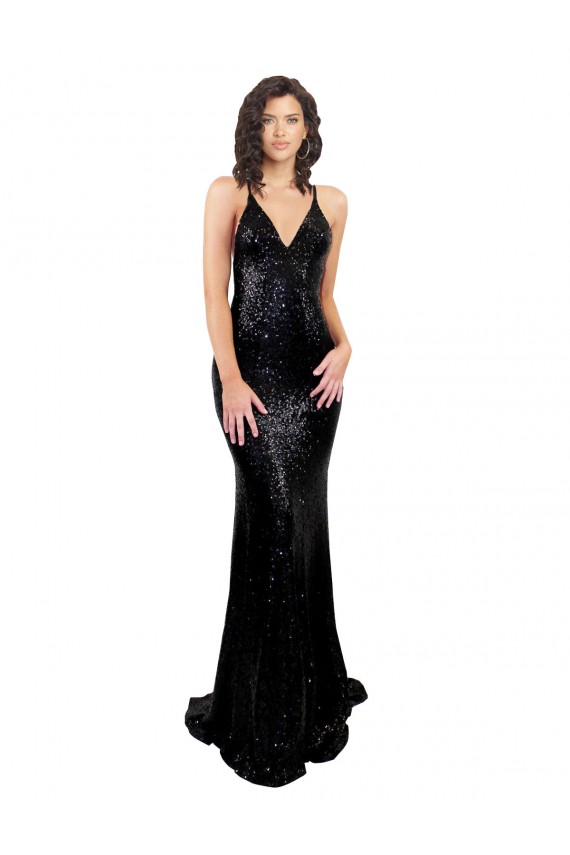 Wholesale Open Back Black Mermaid V-Neck Long Black Tie Prom Dress Canada