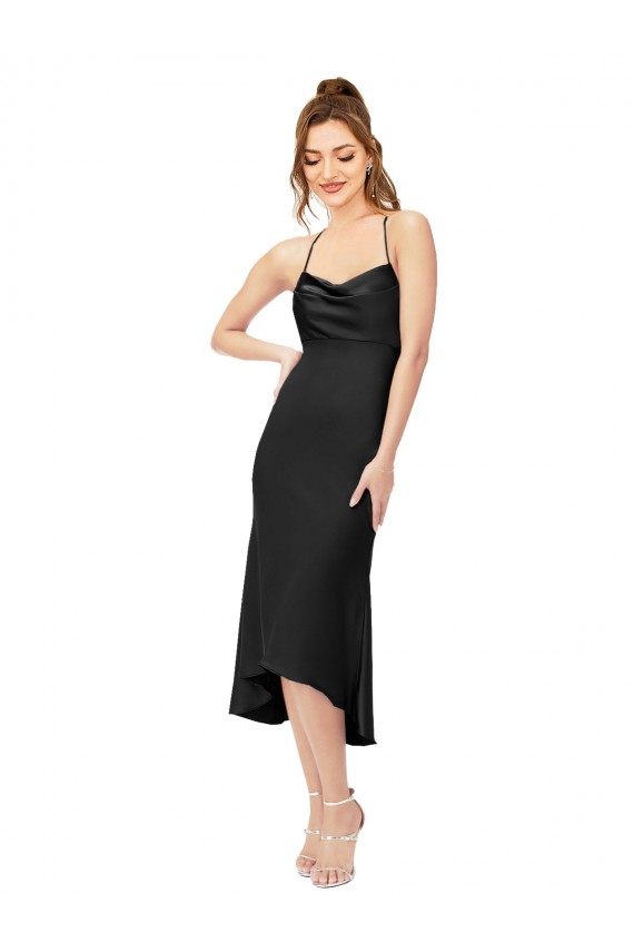 Wholesale Open Back Black Sheath Cowl Neck Midi Length High Low Prom Dress Canada