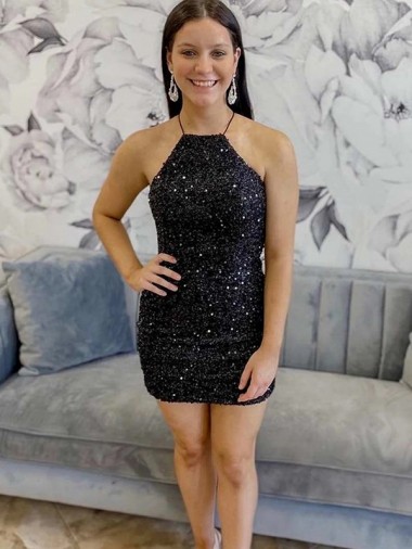 Wholesale Black Sheath Halter Neck Short Prom Dress Canada