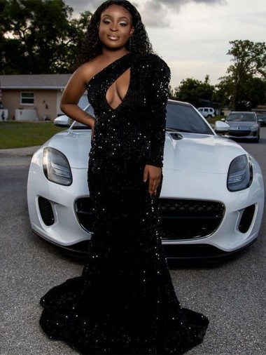 Wholesale Black Sheath One Shoulder Sweep Train Prom Dress Canada