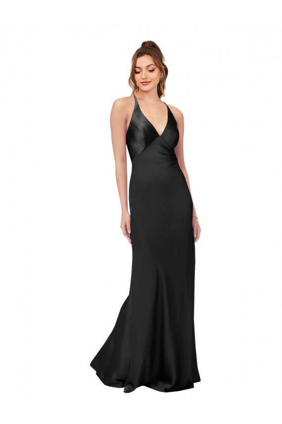Wholesale Open Back Black Sheath V-Neck Long Black Tie Prom Dress Canada