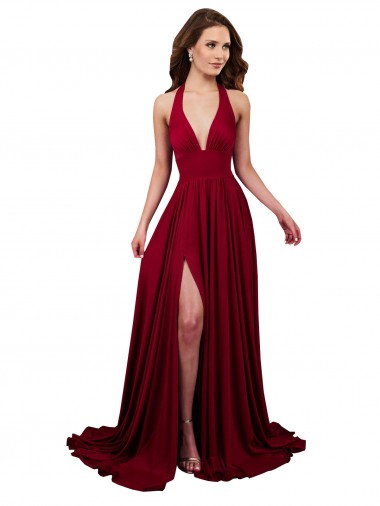 Wholesale Open Back Burgundy A-Line V-Neck Long Black Tie Prom Dress Canada