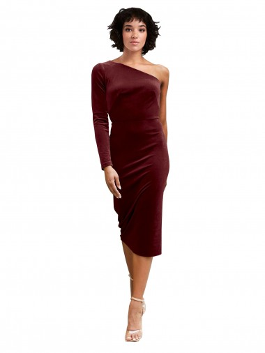 Wholesale Burgundy A-Line One Shoulder Midi Length Black Tie Prom Dress Canada