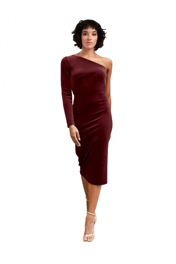 Wholesale Burgundy A-Line One Shoulder Midi Length Black Tie Prom Dress Canada