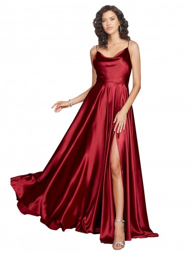 Wholesale Low Back Burgundy A-Line Cowl Neck Long Black Tie Prom Dress / Prom Dress Canada