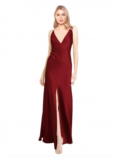 Wholesale Burgundy A-Line V-Neck Long Stretch Satin Prom Dress Canada