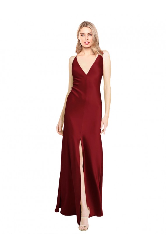 Wholesale Burgundy A-Line V-Neck Long Stretch Satin Prom Dress Canada
