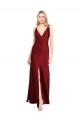 Wholesale Burgundy A-Line V-Neck Long Stretch Satin Prom Dress Canada