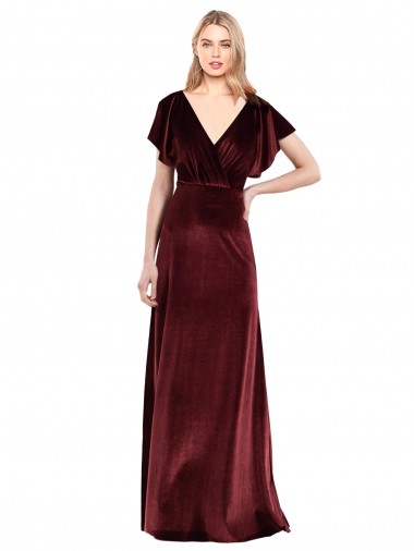Wholesale Burgundy A-Line V-Neck Long Stretch Velvet Prom Dress Canada