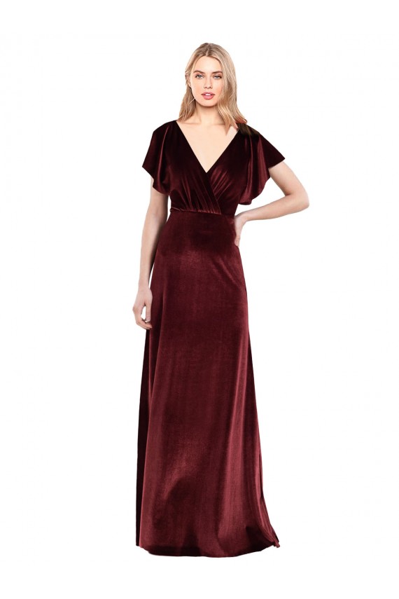 Wholesale Burgundy A-Line V-Neck Long Stretch Velvet Prom Dress Canada