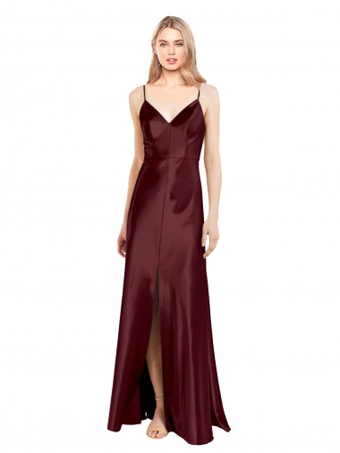 Wholesale Burgundy Gold A-Line Spaghetti Straps Long Stretch Satin Prom Dress Canada