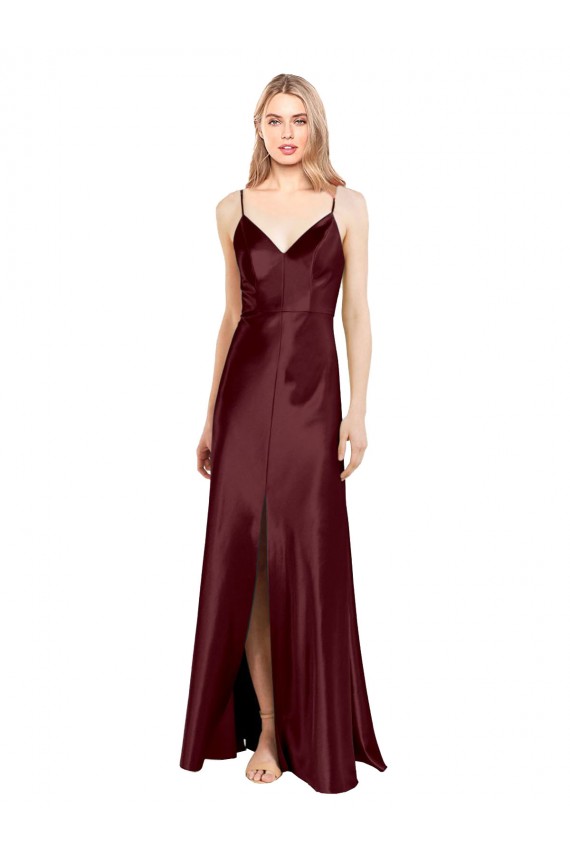 Wholesale Burgundy Gold A-Line Spaghetti Straps Long Stretch Satin Prom Dress Canada