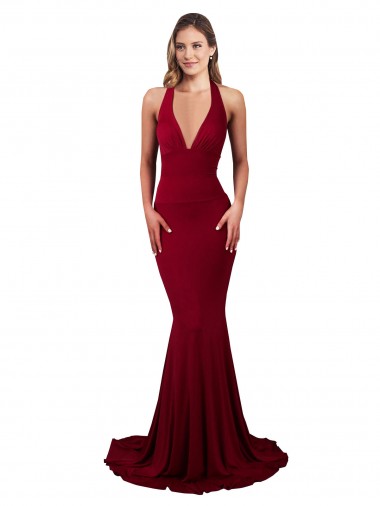 Wholesale Open Back Burgundy Mermaid V-Neck Long Prom Dress Canada