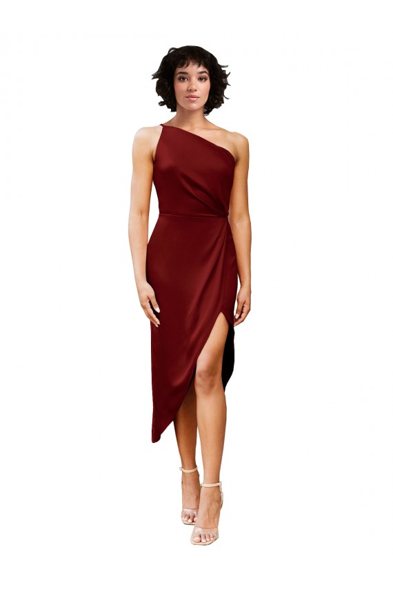 Wholesale Burgundy Sheath One Shoulder Midi Length Black Tie Prom Dress Canada