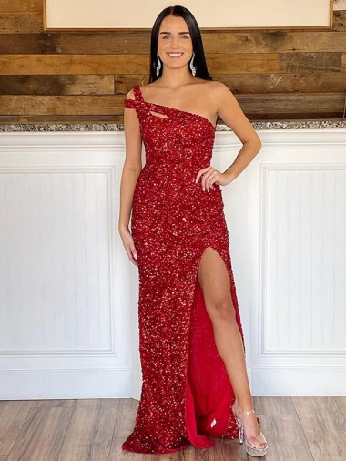 Wholesale Burgundy Sheath One Shoulder Sweep Train Prom Dress Canada
