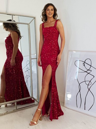 Wholesale Burgundy Sheath Square Neck Long Prom Dress Canada