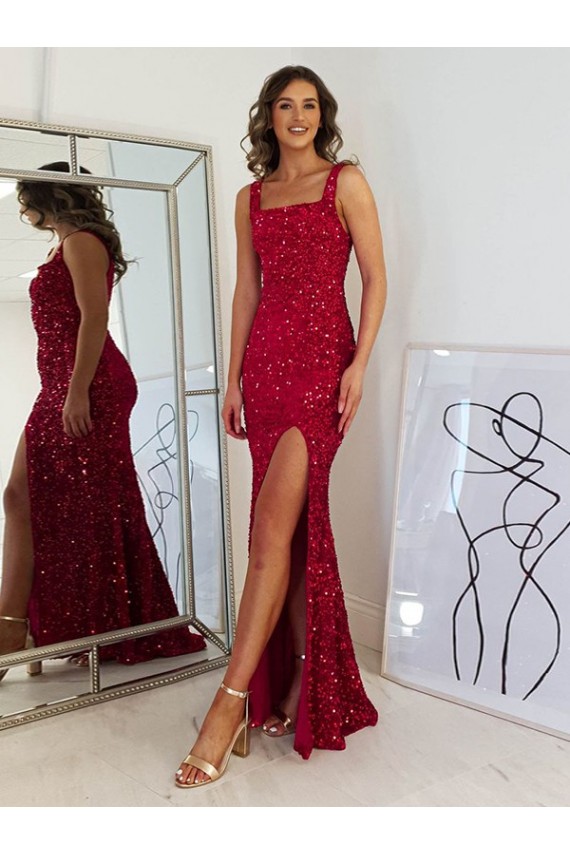 Wholesale Burgundy Sheath Square Neck Long Prom Dress Canada