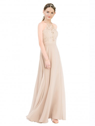 Wholesale Keyhole Back Champagne A-Line High Neck Long Prom Dress Canada
